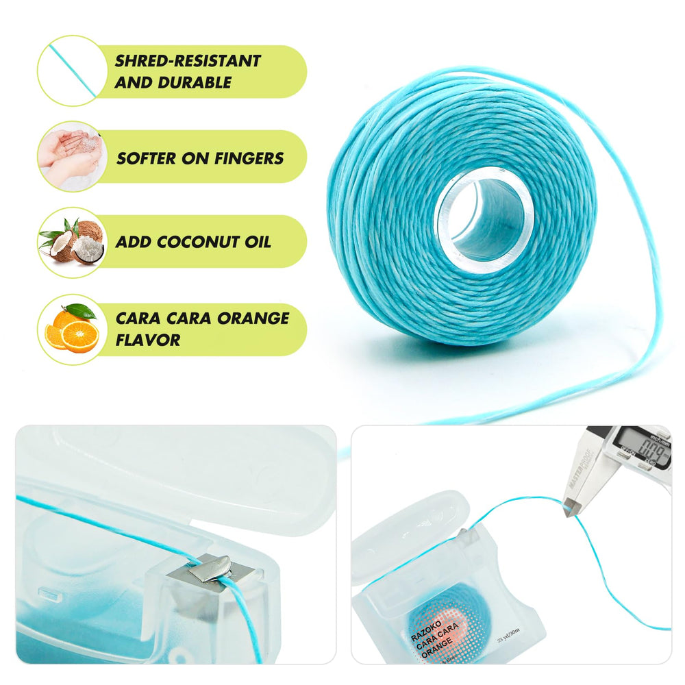 Close-up of woven dental floss fibers infused with coconut oil
