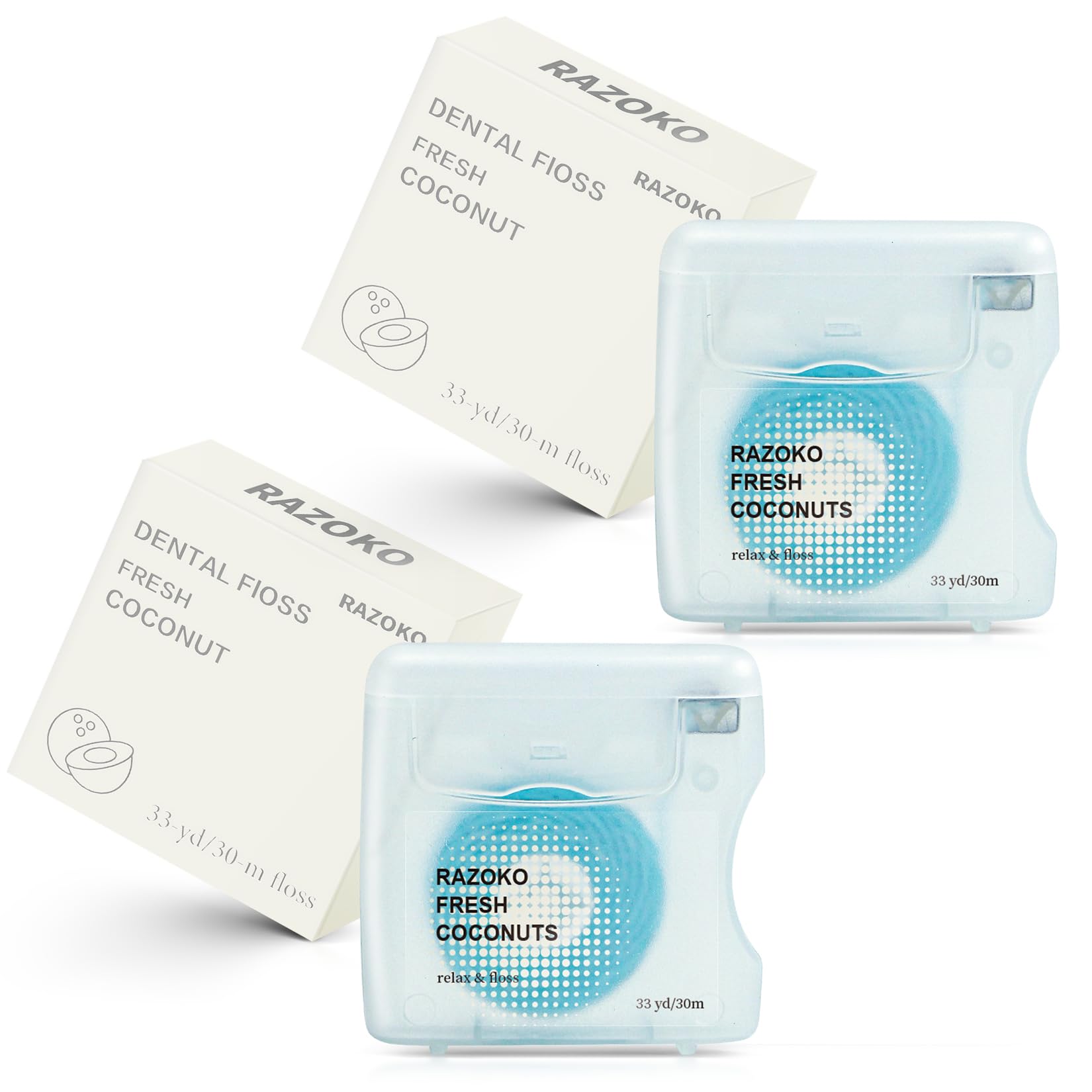 RAZOKO coconut oil infused woven dental floss packaging