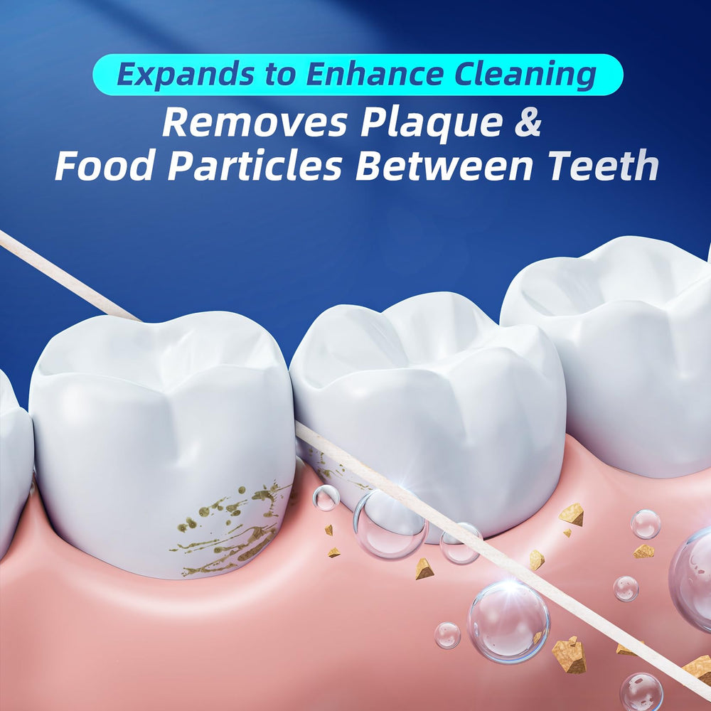 Close-up of expanding floss designed for wide spaces with mint flavor