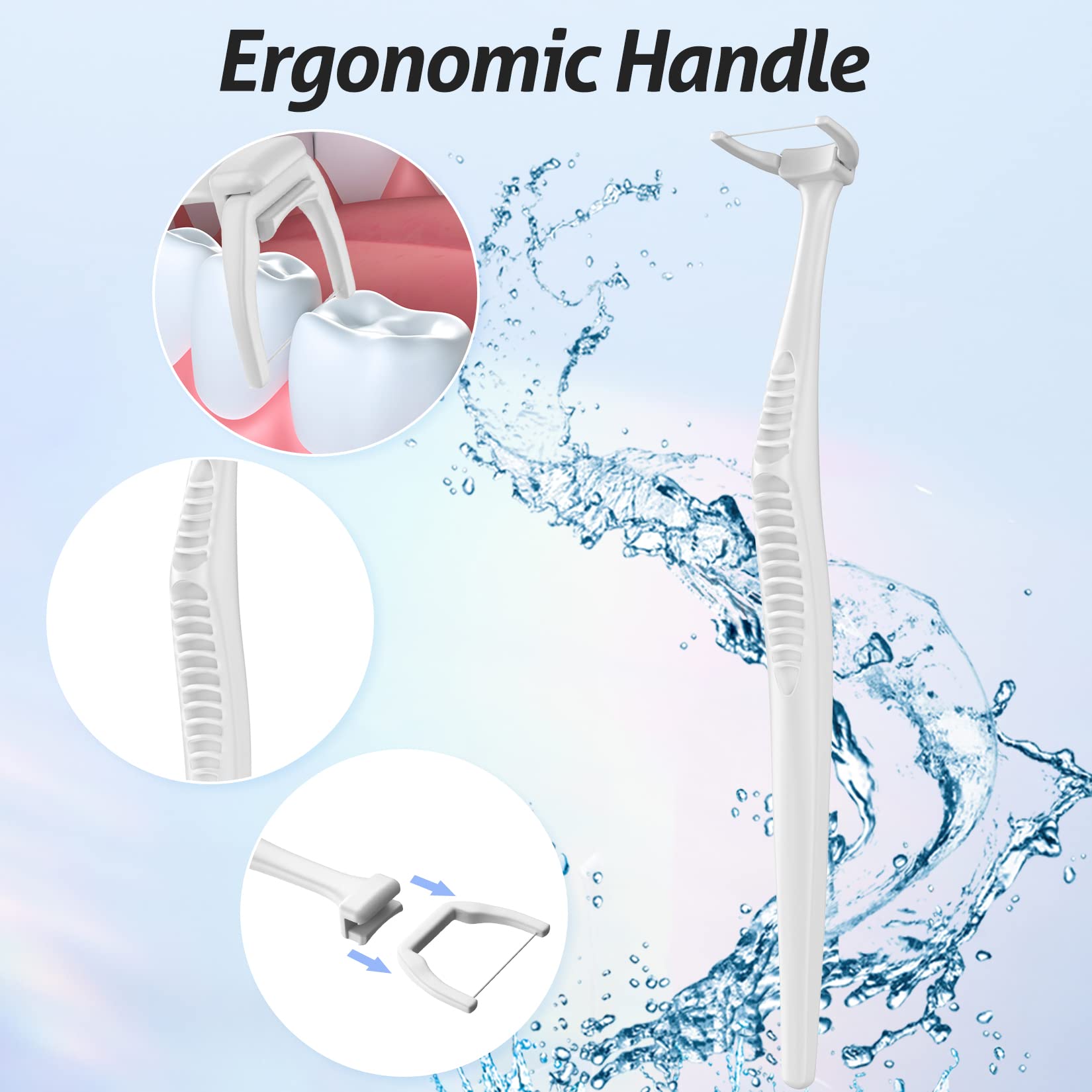 Floss head angled at 135 degrees for easy access