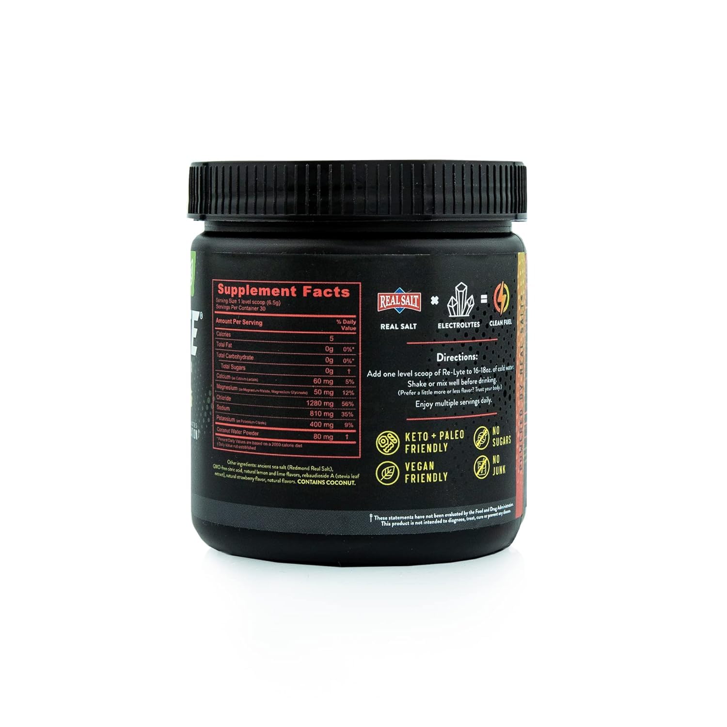 Close-up of Re-lyte Electrolyte Drink Mix Strawberry Lemonade tub label