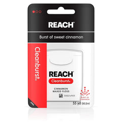 Reach Cleanburst Cinnamon waxed dental floss 55-yard dispenser with packaging