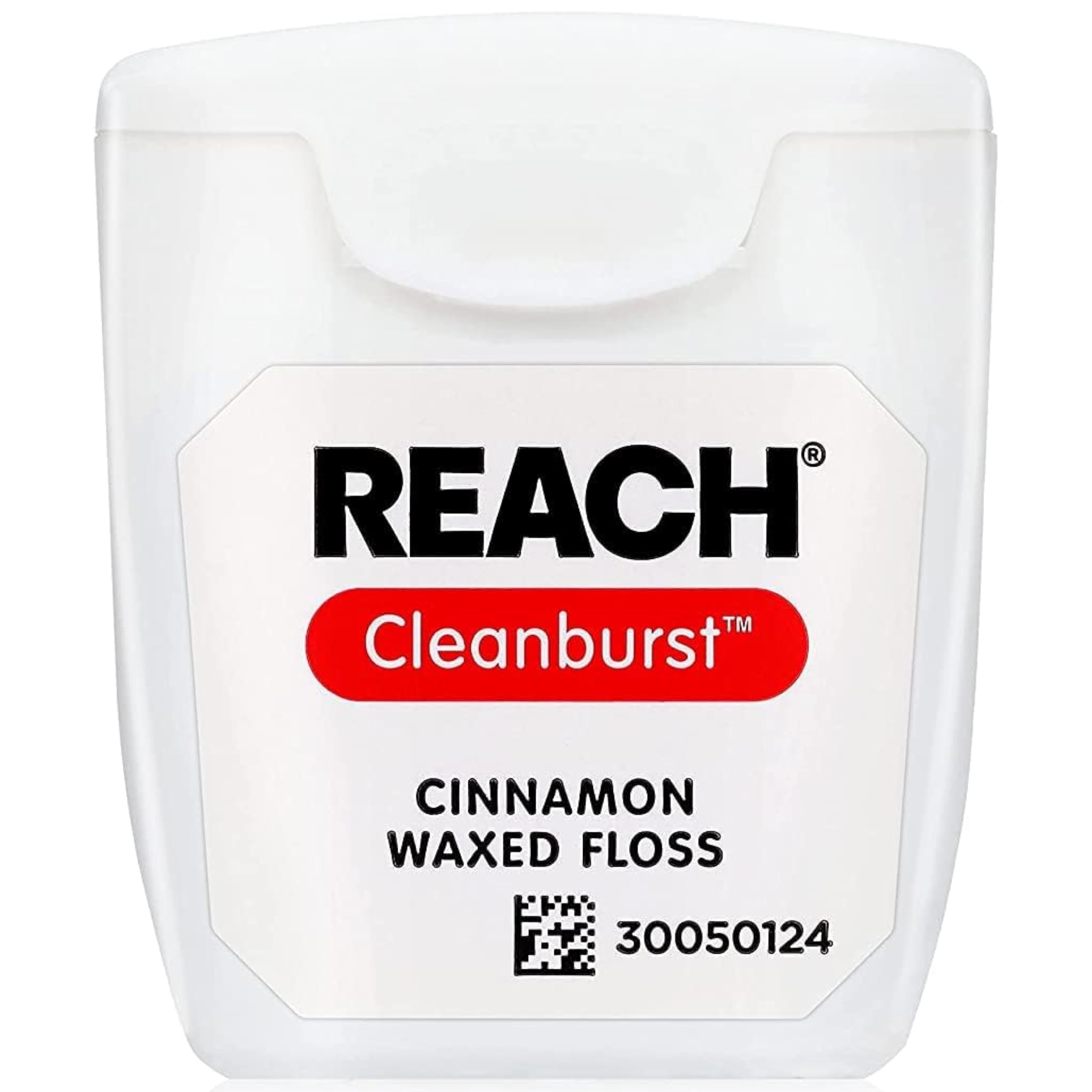 Close-up of cinnamon-flavored floss between teeth