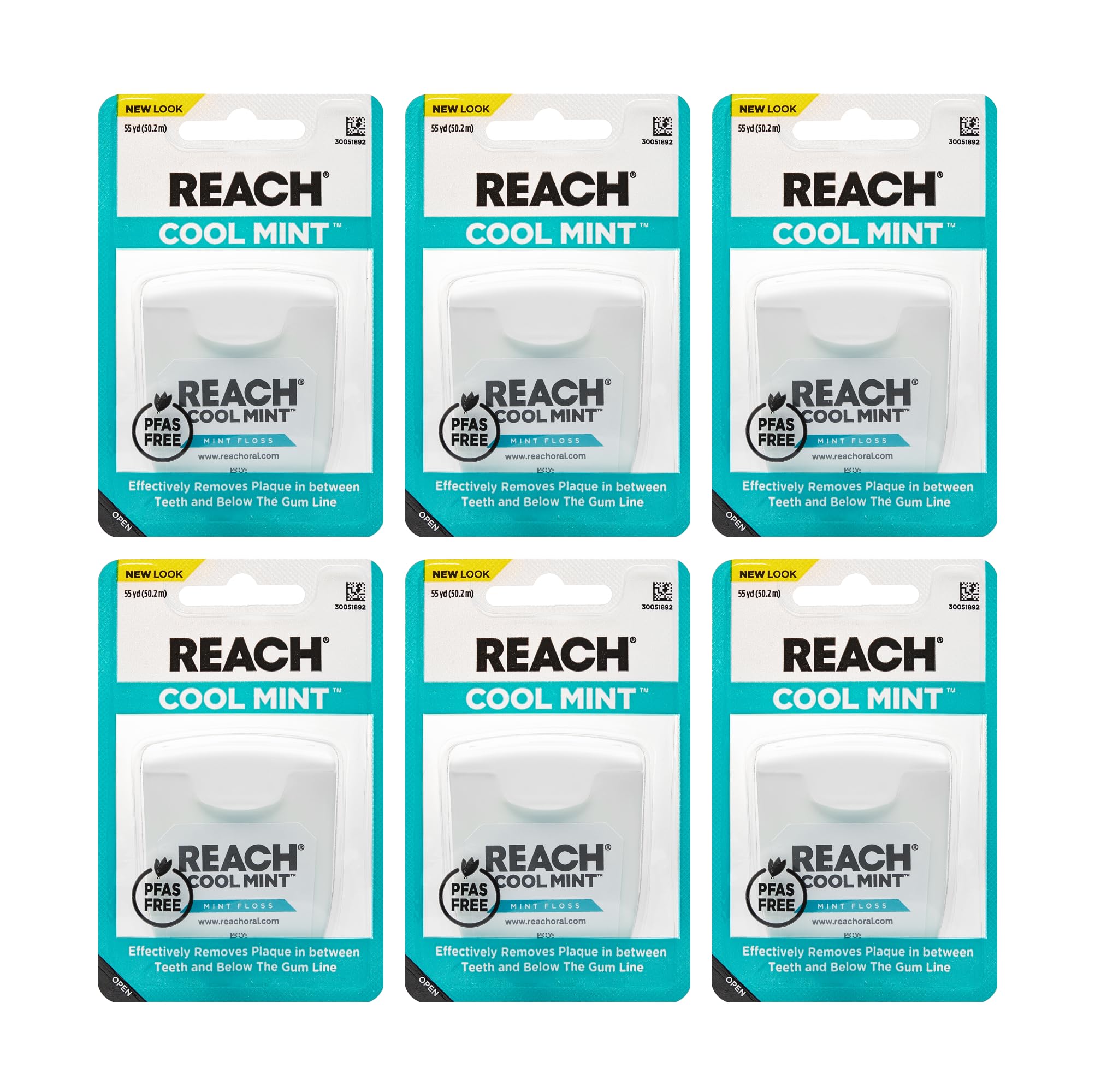 REACH Cool Mint Dental Floss 6-pack 55 yd on white background