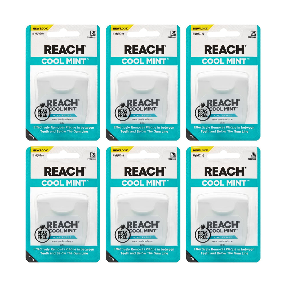 REACH Cool Mint Dental Floss 6-pack 55 yd on white background