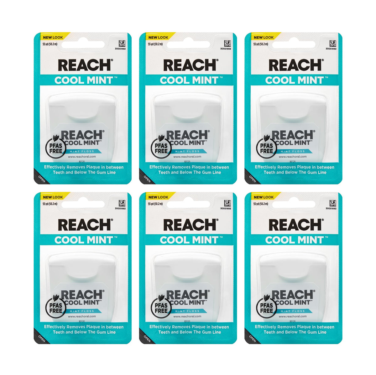 REACH Cool Mint Dental Floss 6-pack 55 yd on white background