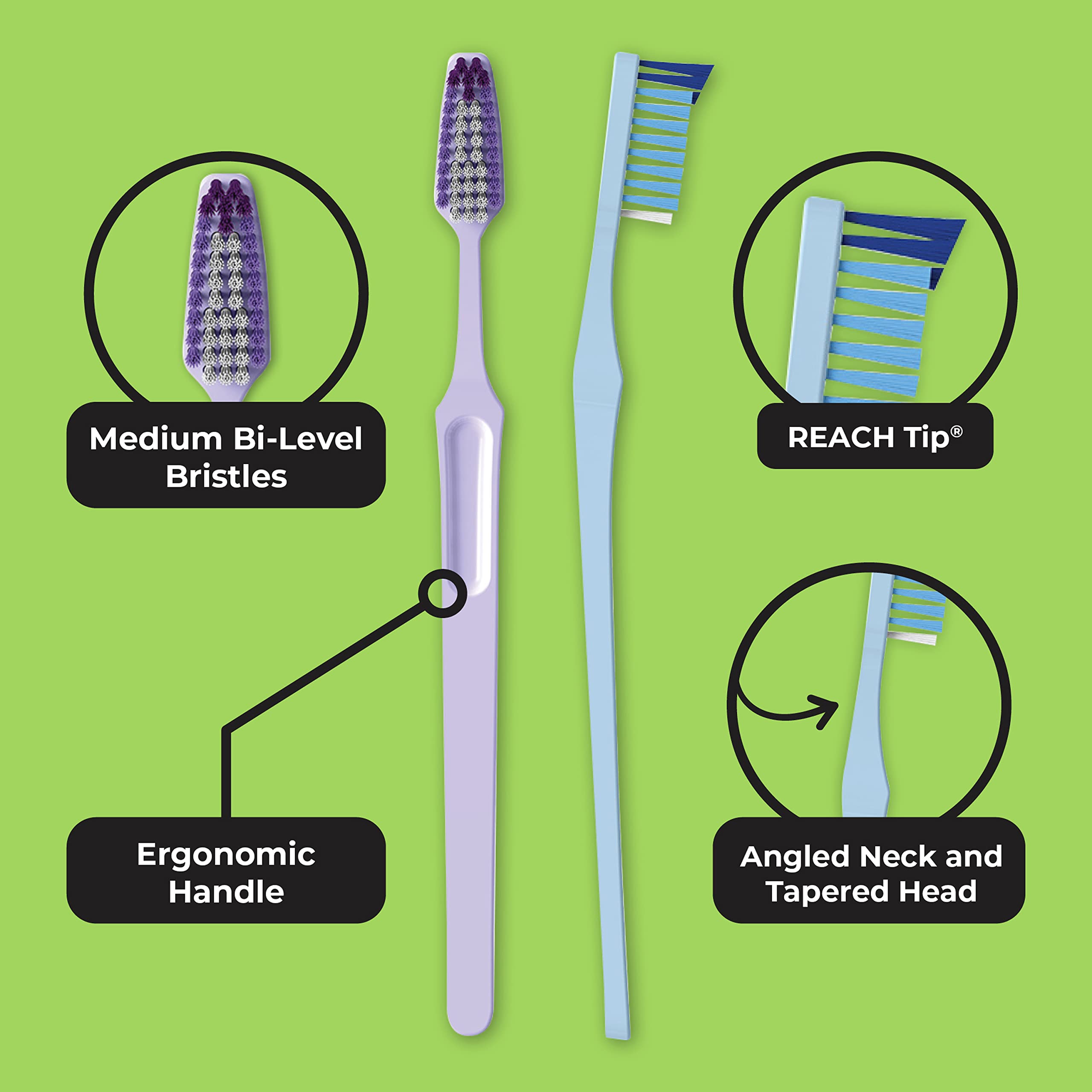 Close-up of angled neck design on Reach Crystal Clean toothbrush