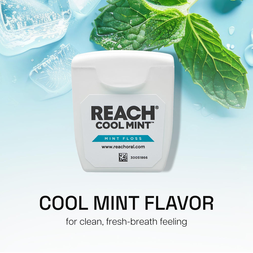 Front view of REACH Cool Mint Floss 6-pack package