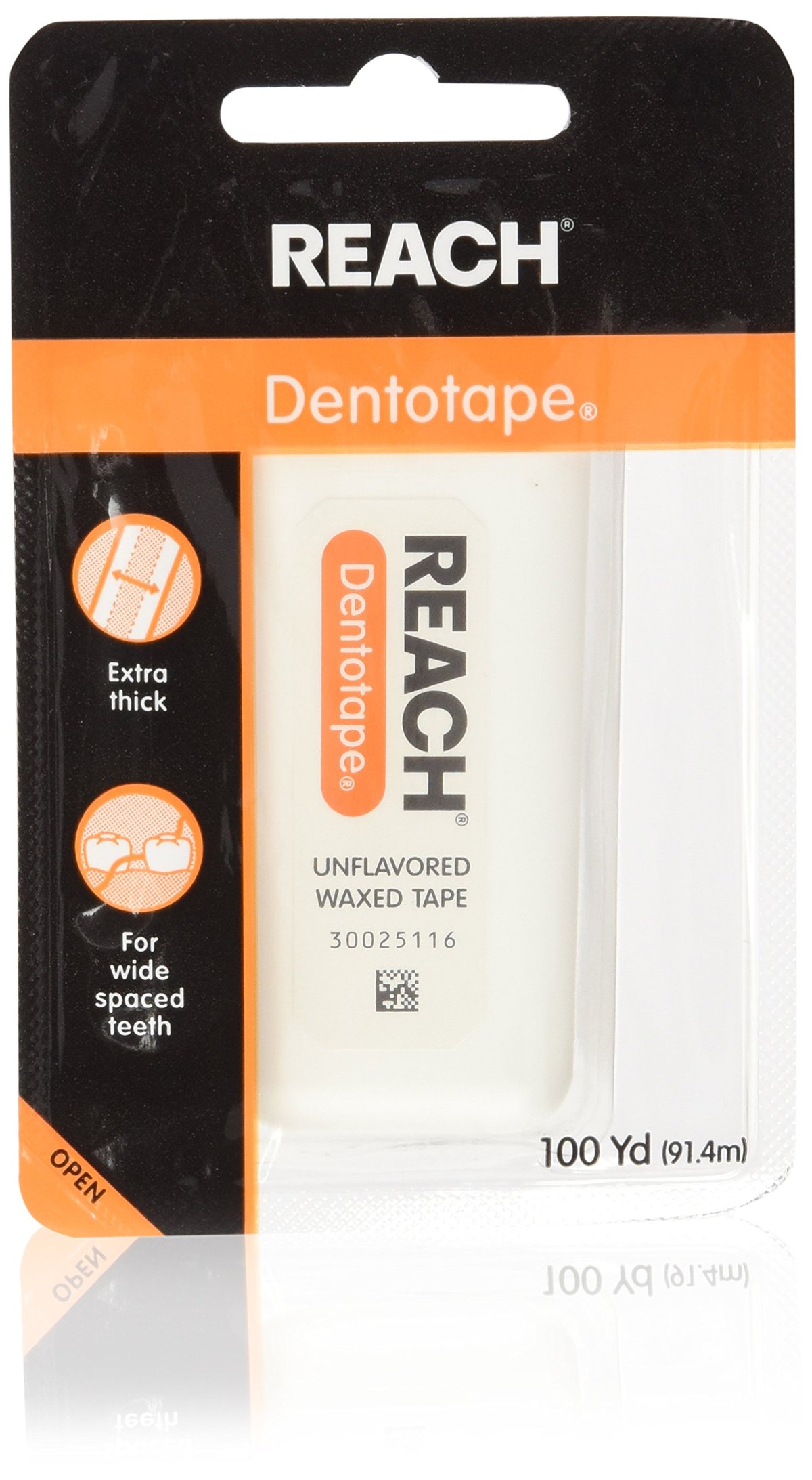 Reach Dentotape waxed dental floss with an extra-wide cleaning surface for wide-spaced teeth