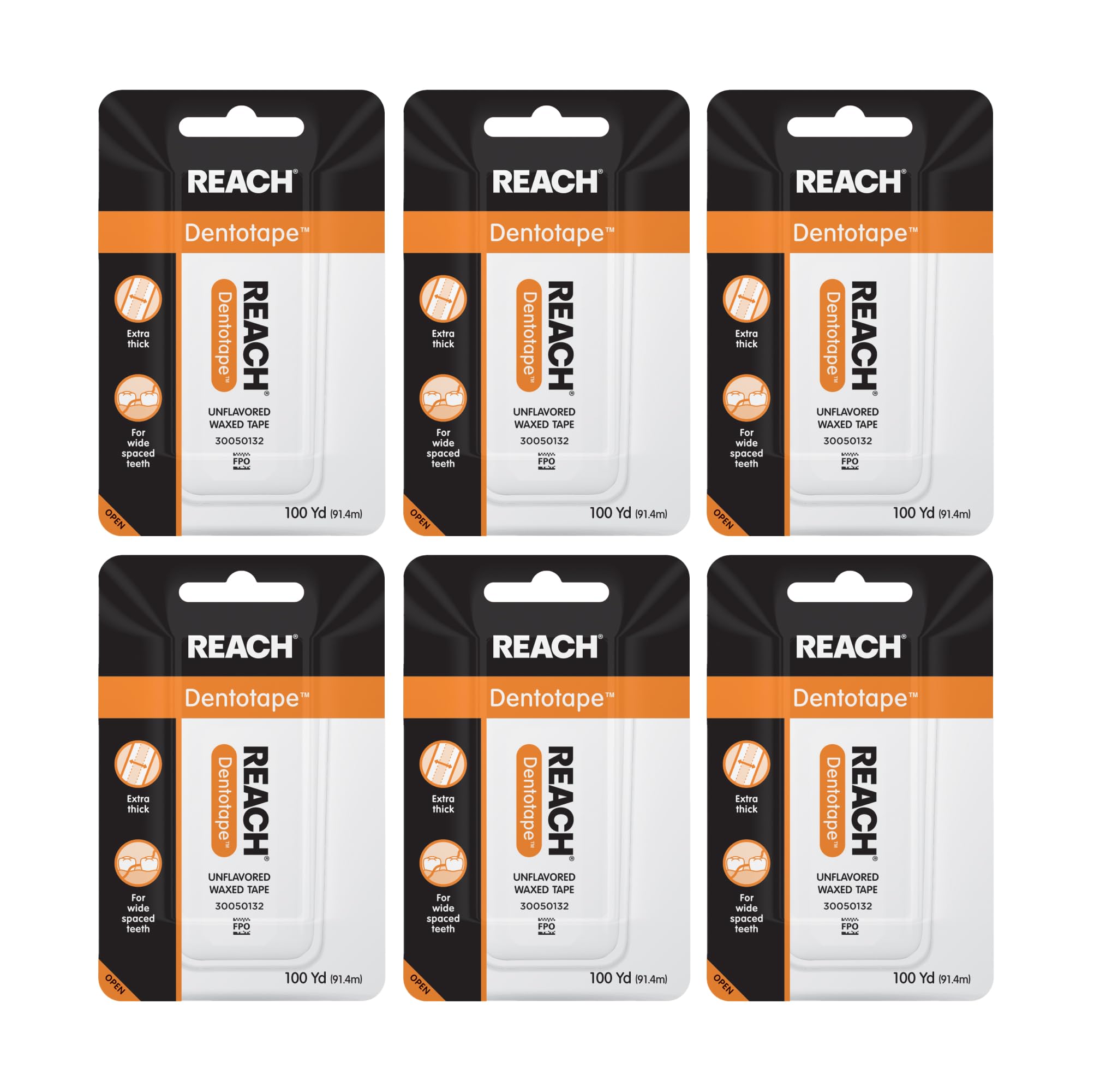 Reach Dentotape Waxed Dental Floss Tape 100 yd in a 6-pack box