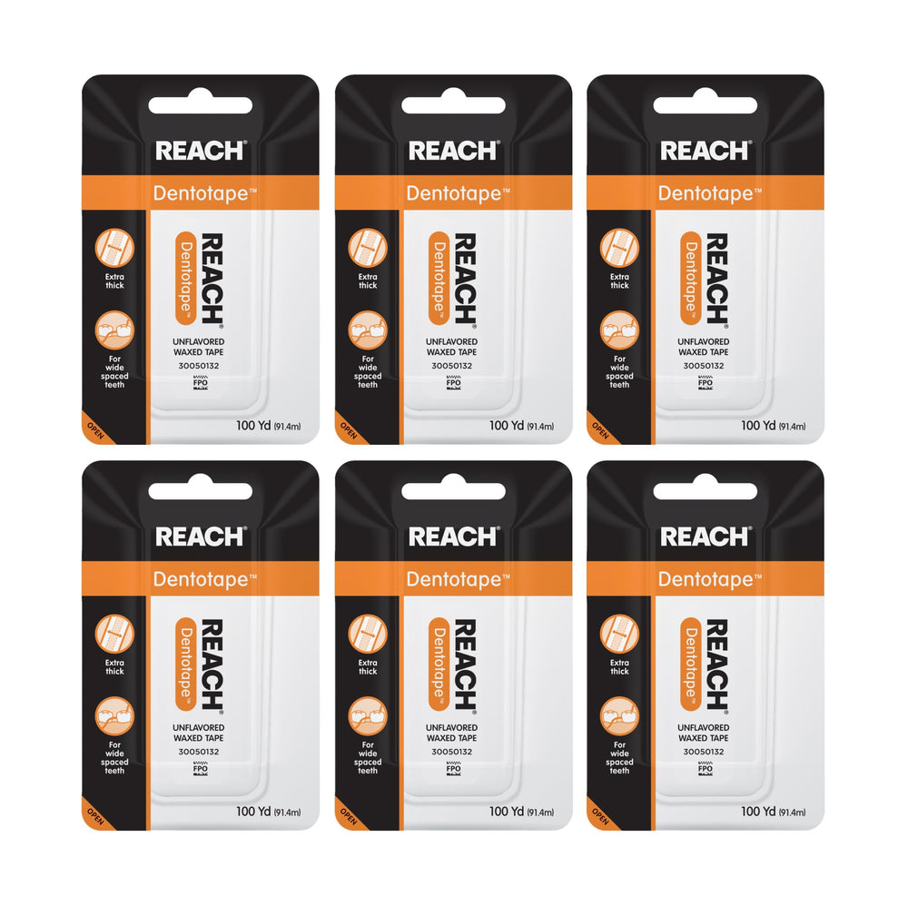 Reach Dentotape Waxed Dental Floss Tape 100 yd in a 6-pack box