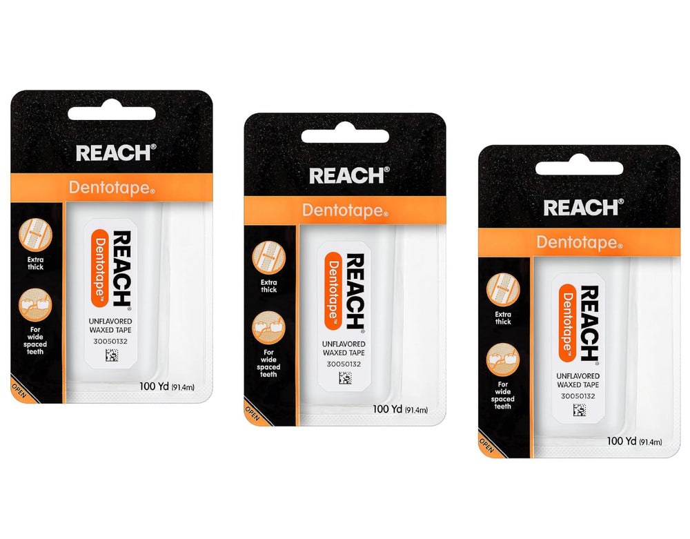 Reach Dentotape waxed dental floss with extra-wide cleaning surface for wide spaced teeth