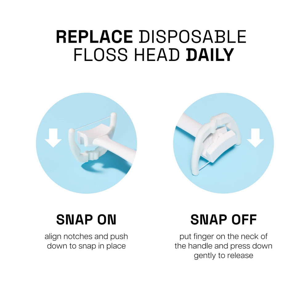 Refill heads attached to flosser demonstrating reach to crevices