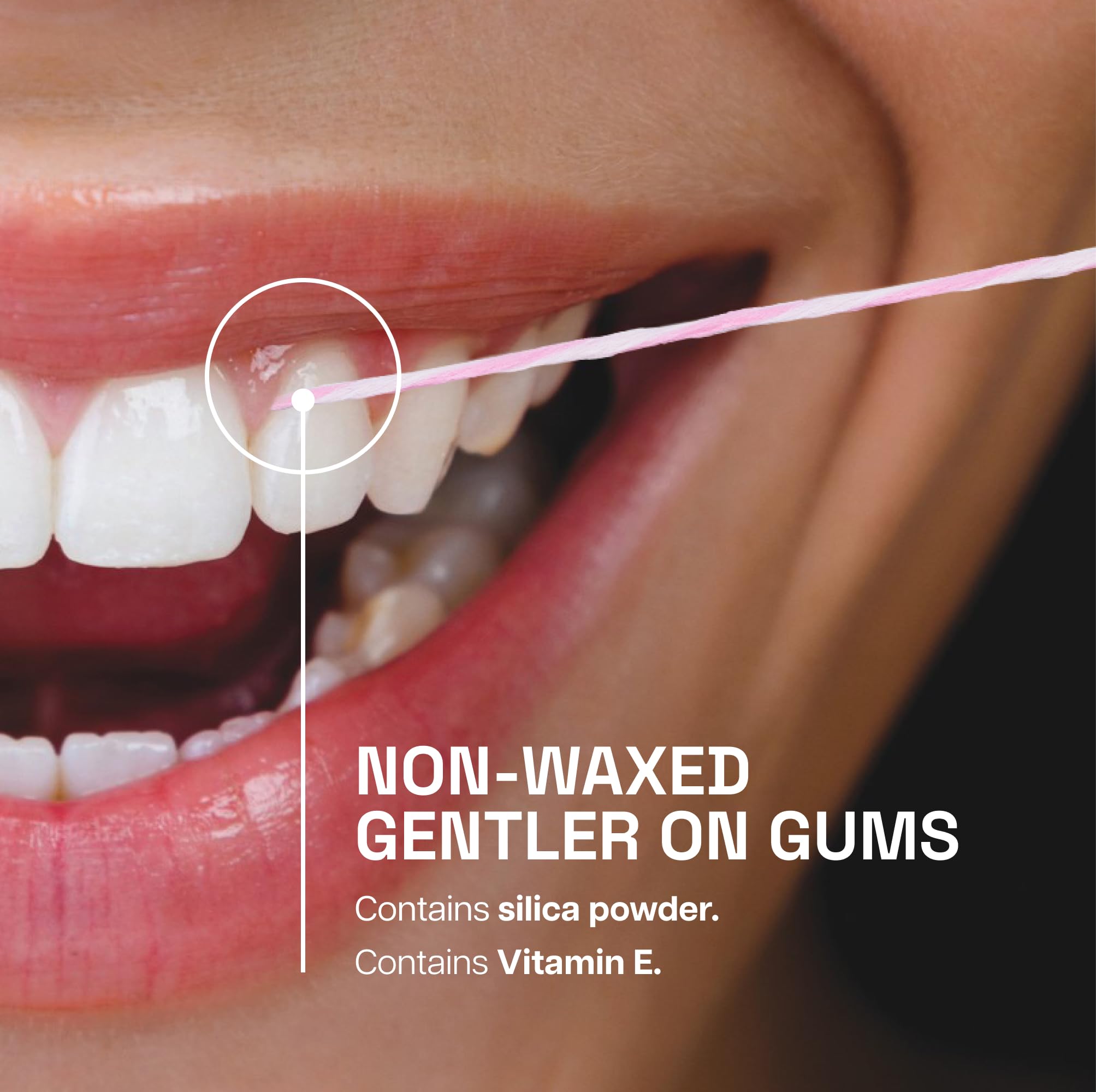 Non-waxed floss coated with toothpaste ingredients and silica powder