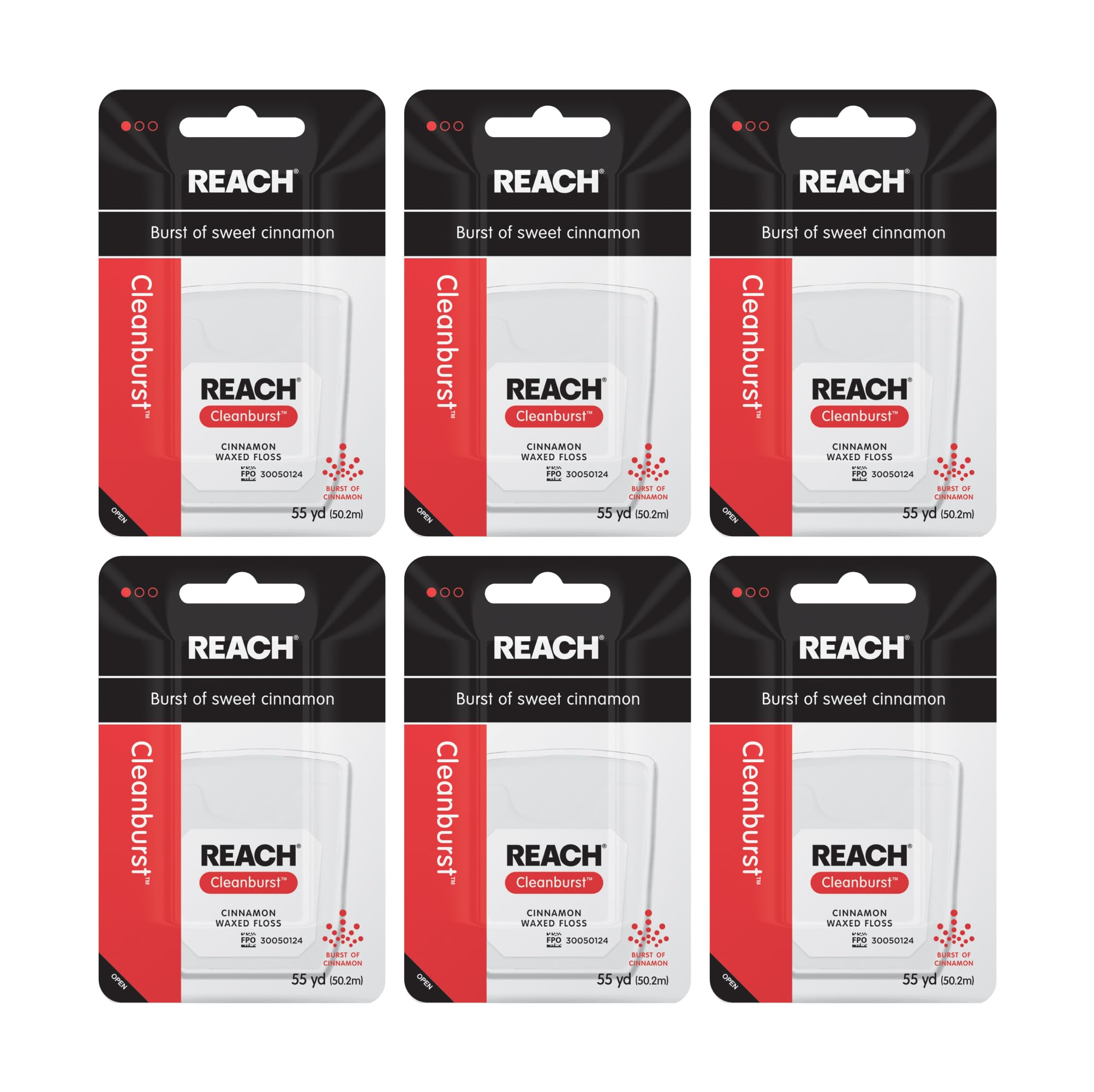 Reach Cleanburst Cinnamon Waxed Dental Floss 55 yd box front
