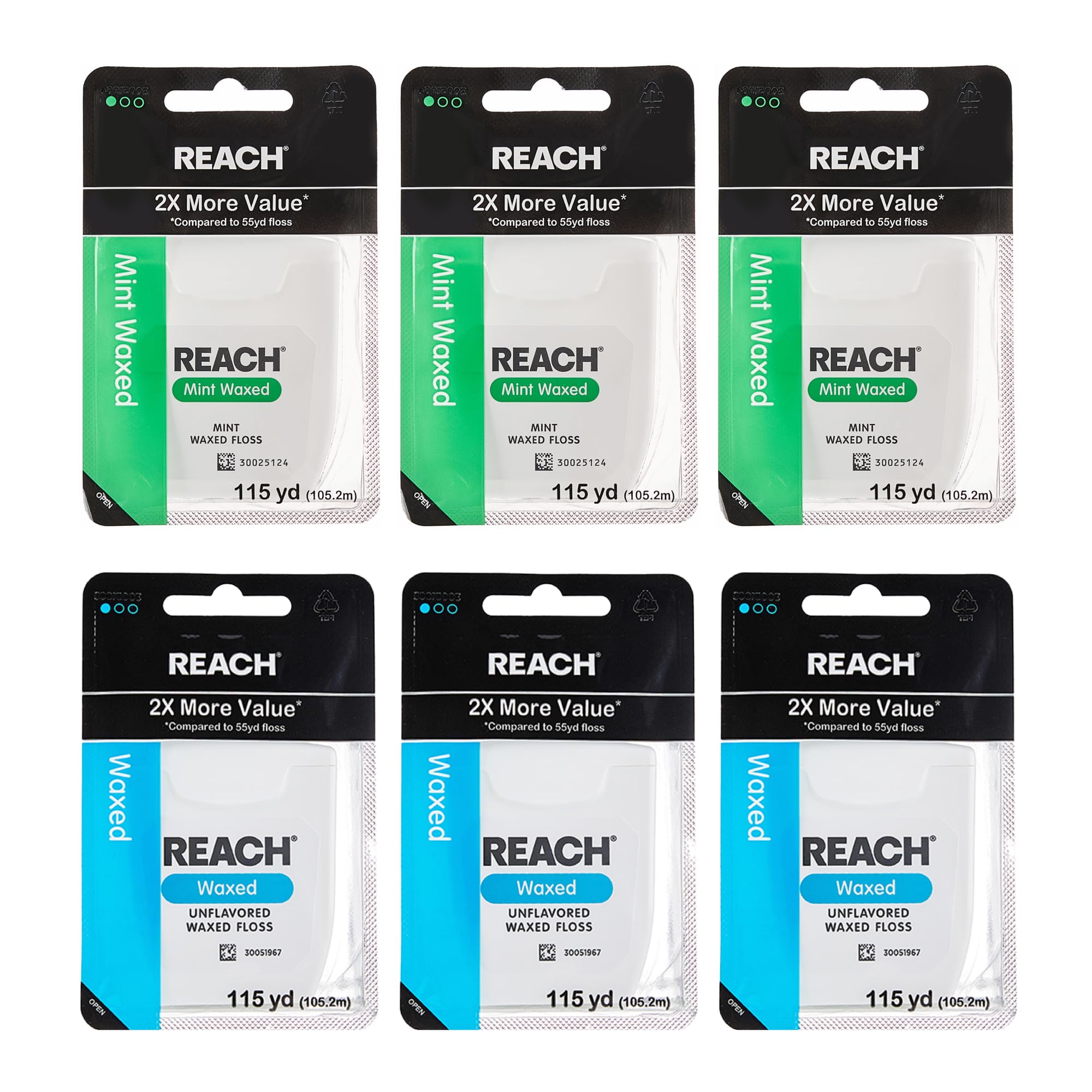 REACH Waxed Dental Floss Mint 115 yd 6-pack packaging