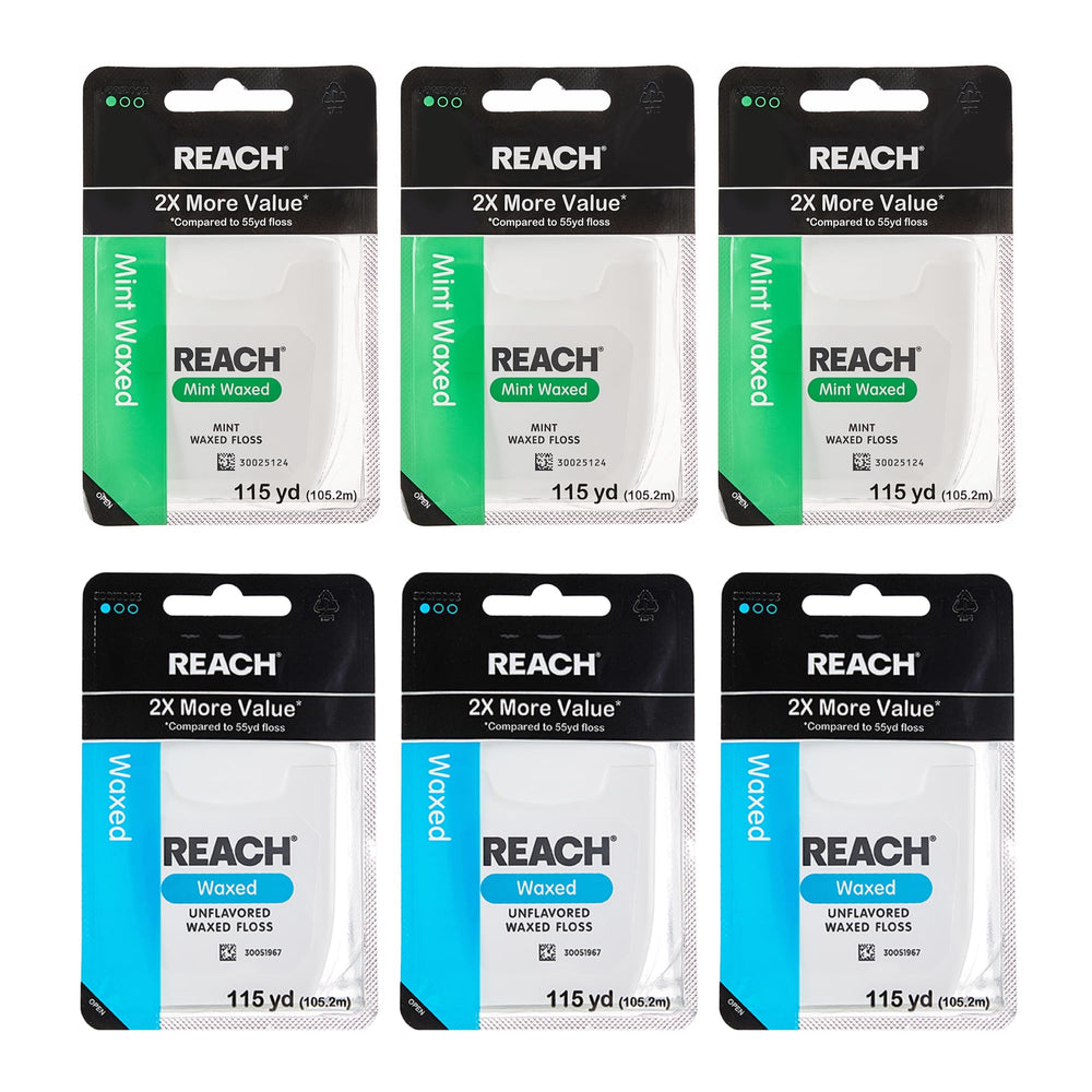 REACH Waxed Dental Floss Mint 115 yd 6-pack packaging
