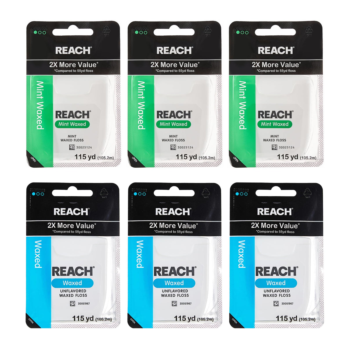 REACH Waxed Dental Floss Mint 115 yd 6-pack packaging