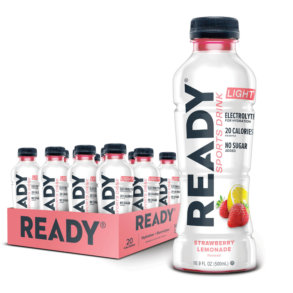 Front view of Ready Sports Drink Lite Strawberry Lemonade 16.9 oz 12-pack