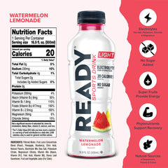 Close-up of Ready Sports Drink Lite Watermelon Lemonade bottle