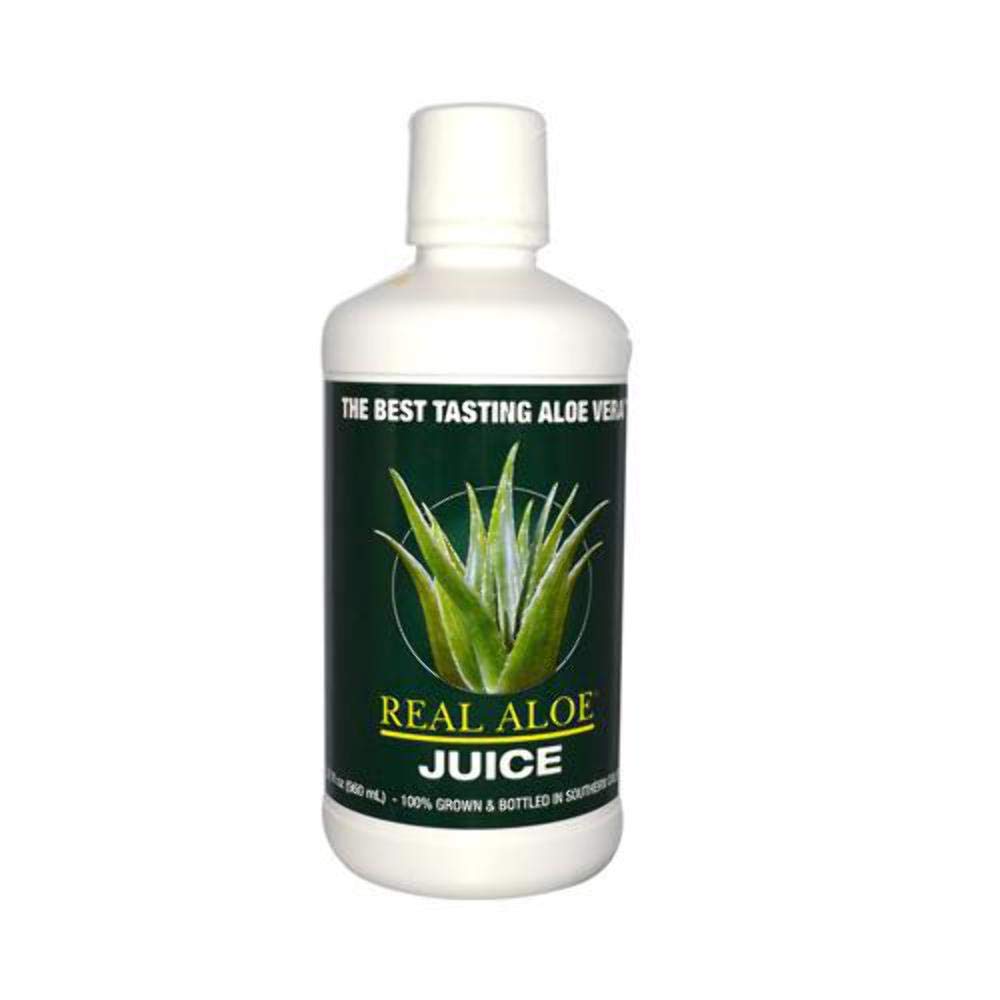 Real Aloe juice bottle back label emphasizes organic certification and simple usage guidance.