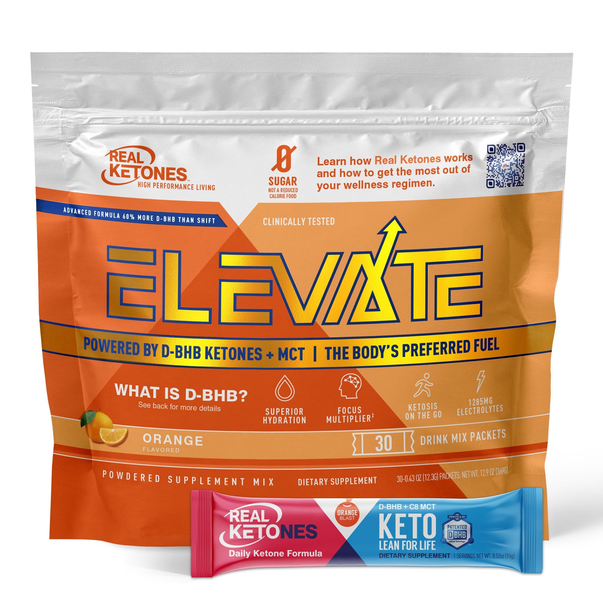 Front view of Real Ketones MCT & BHB exogenous ketones drink mix orange 30-pack