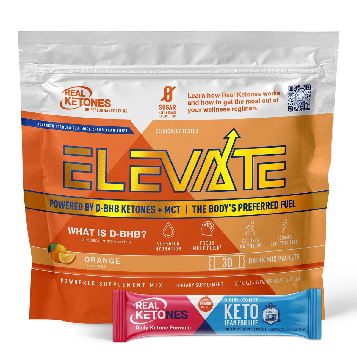 Front view of Real Ketones MCT & BHB exogenous ketones drink mix orange 30-pack