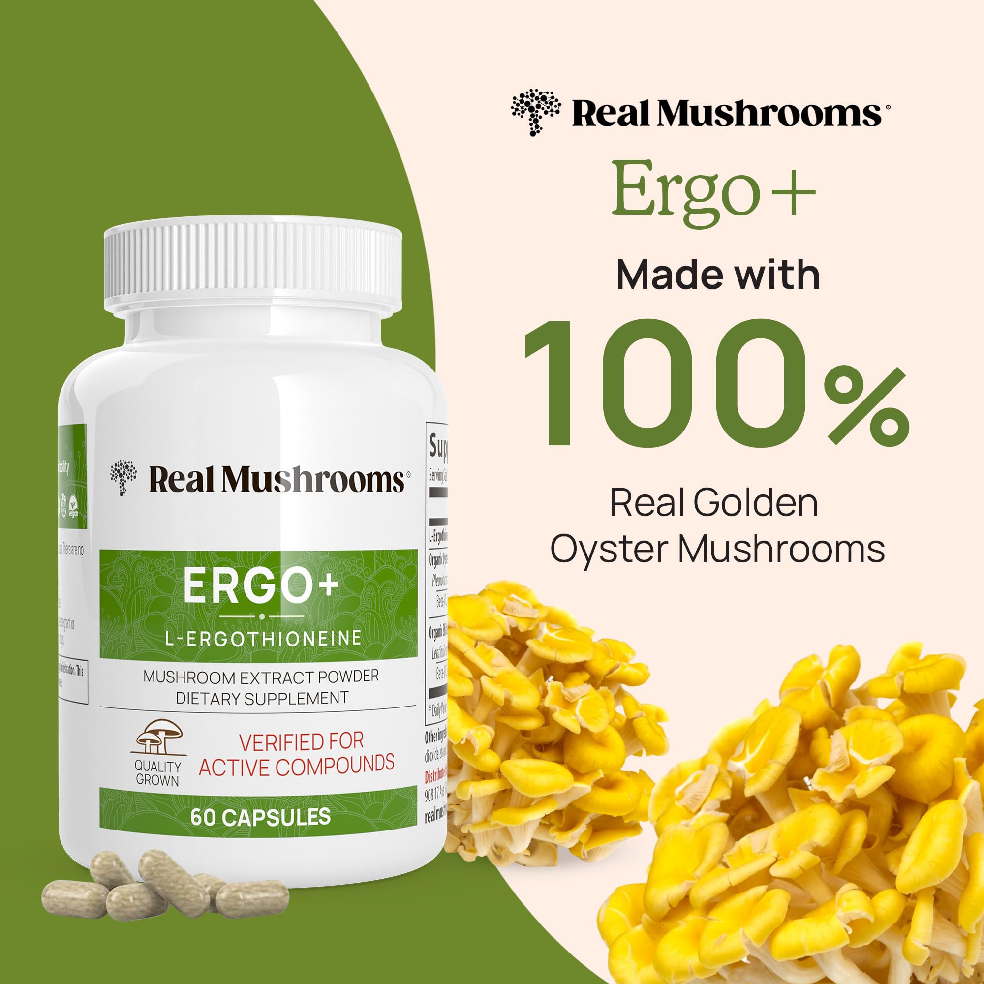 Close-up of Ergothioneine capsules from Real Mushrooms supplement