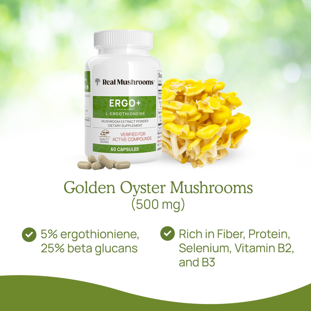 Vegan, gluten-free, non-GMO Real Mushrooms Ergothioneine capsules