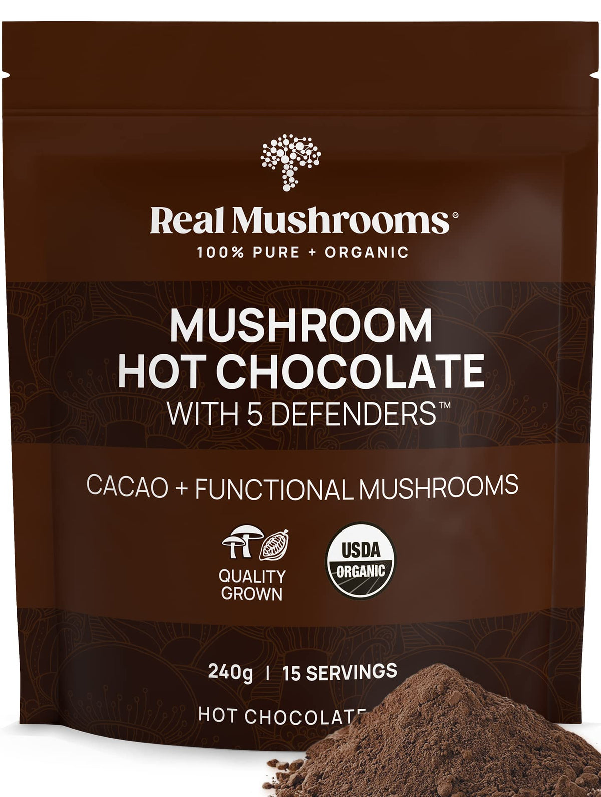 Packaging for Real Mushrooms Organic Hot Chocolate Mix with 5 Defenders
