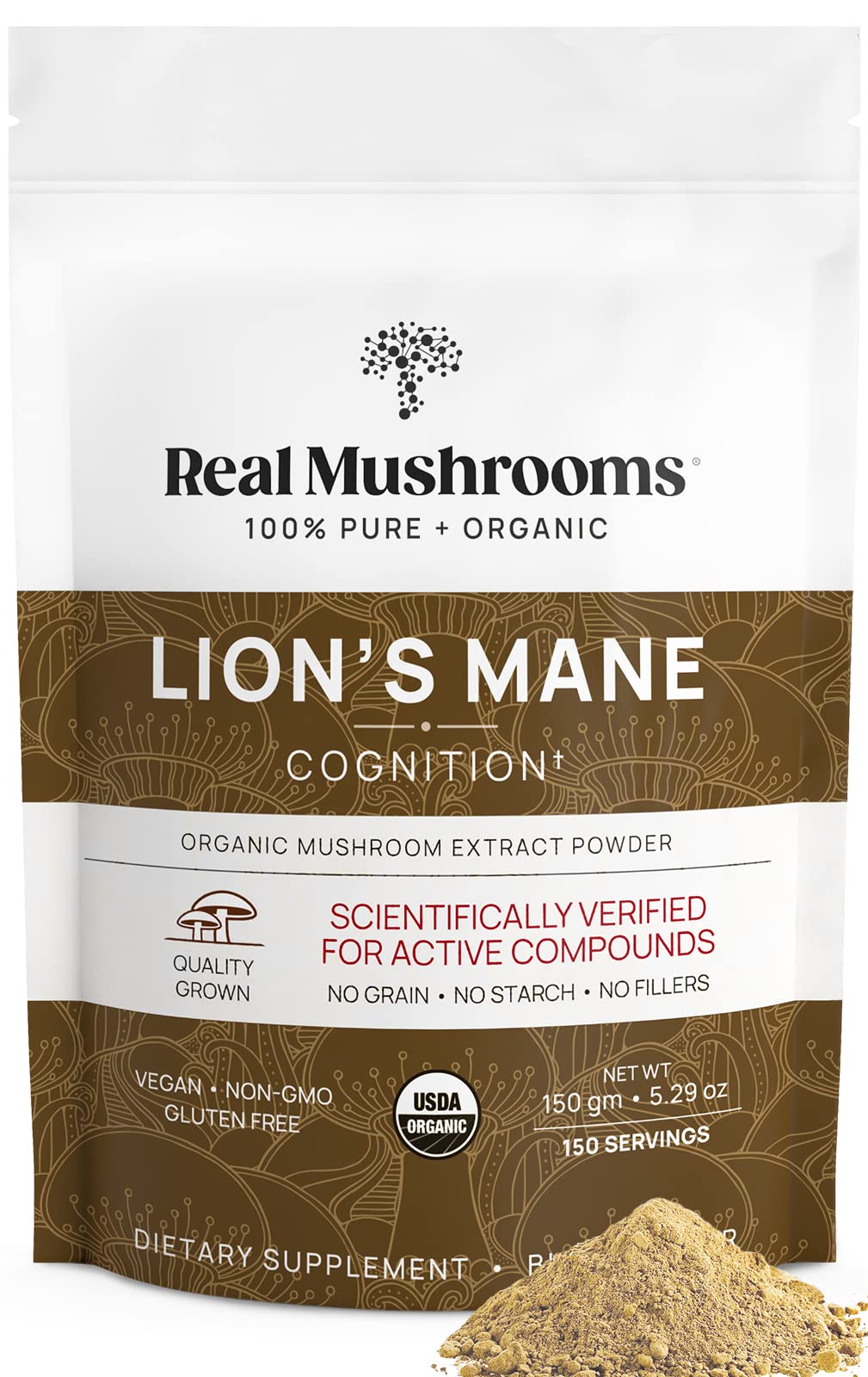 Real Mushrooms Lion's Mane supplement powder made from fruiting bodies