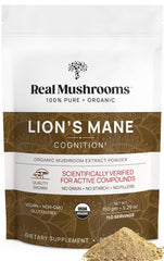 Real Mushrooms Lion's Mane supplement powder made from fruiting bodies
