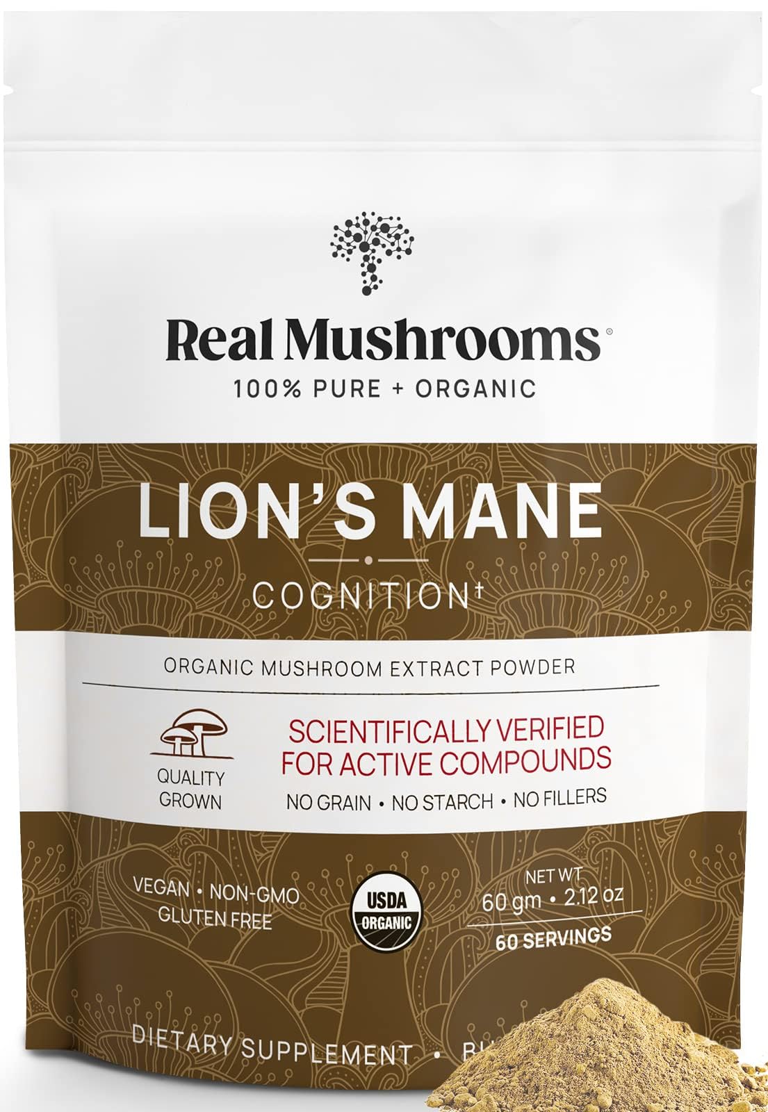 Real Mushrooms Lions Mane supplement bottle and label