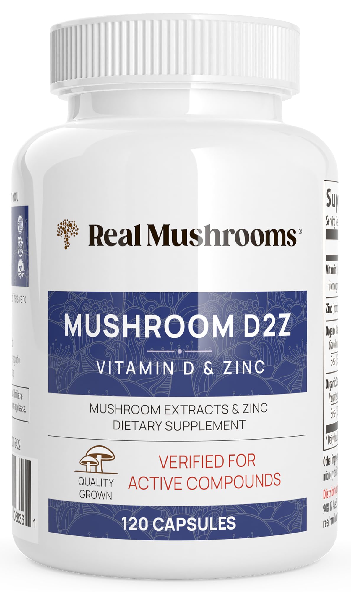 Bottle of Real Mushrooms Zinc and Vitamin D2 Capsules.