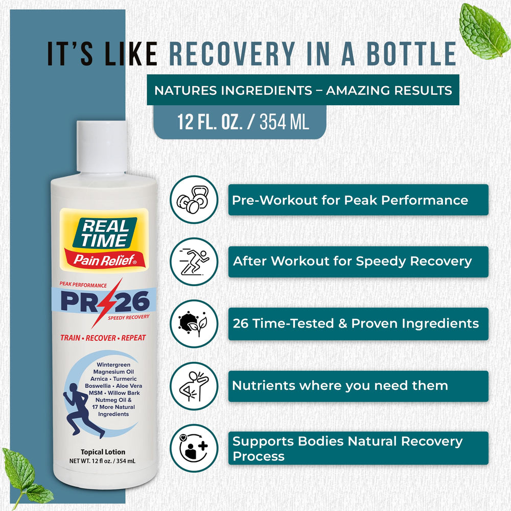 PR-26 bottle with pump for convenient pre- and post-workout relief.