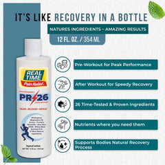PR-26 bottle with pump for convenient pre- and post-workout relief.