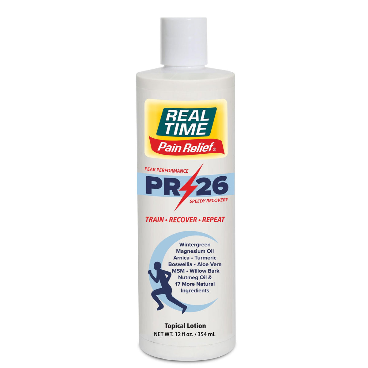 Real Time Pain Relief PR-26 bottle front label highlights fast-absorbing formula for athletes.