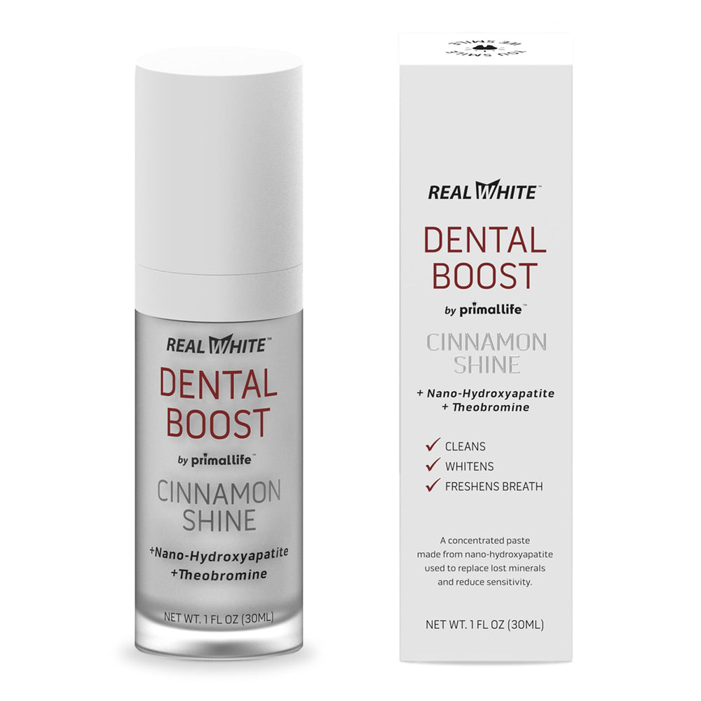 Primal Life Real White Dental Boost toothpaste bottle with cinnamon packaging
