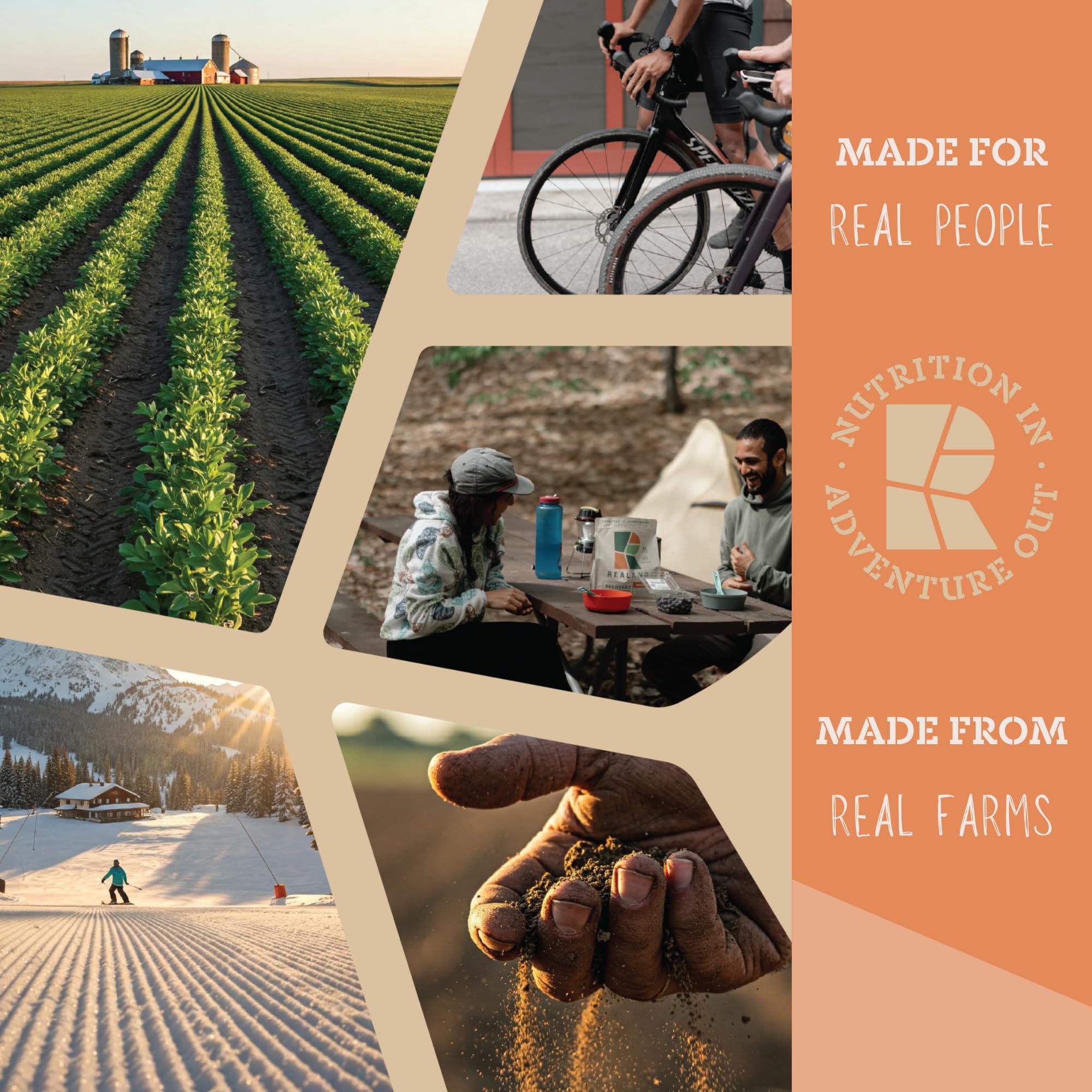 Grass-fed farm sourcing illustrates Realand's ethical protein supply.