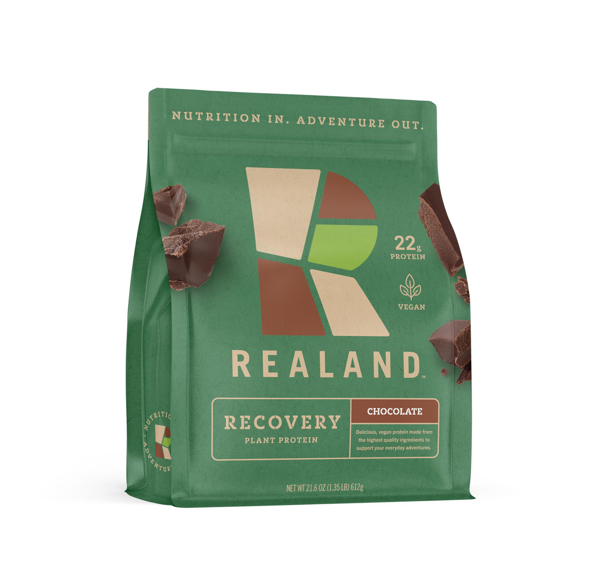 Realand Recovery Protein chocolate bottle pour supports post-workout recovery