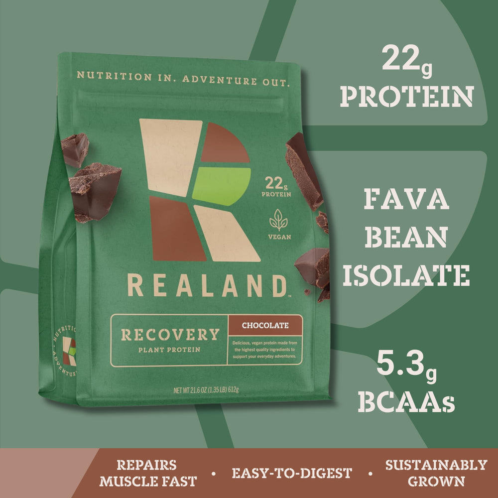 Realand Recovery Protein chocolate shake glass highlights smooth vegan formula