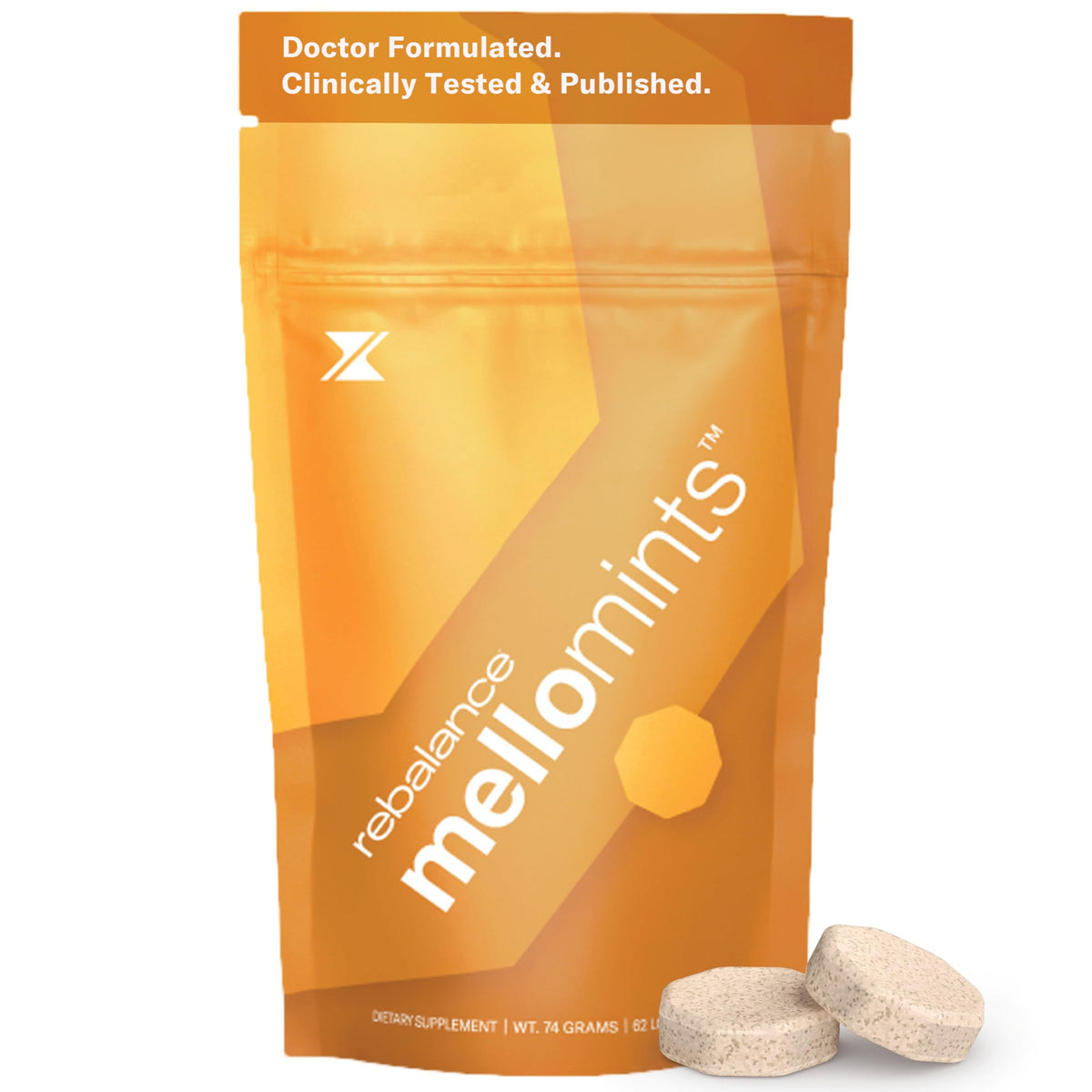 Front view of Rebalance Mellomints product packaging