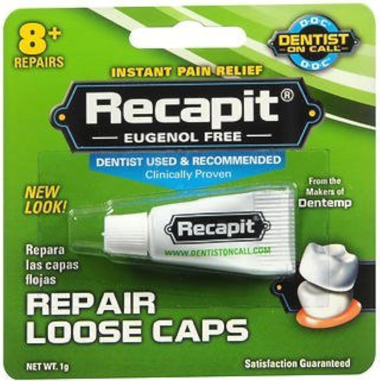 Recapit Cap and Crown Repair kit packaging with tube and applicator