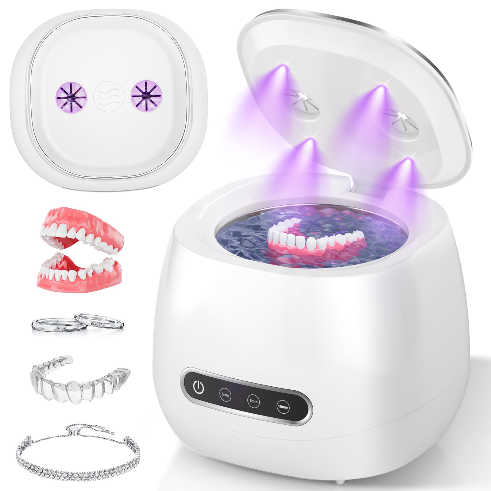 Rechargeable ultrasonic retainer cleaner showing 45kHz cleaning