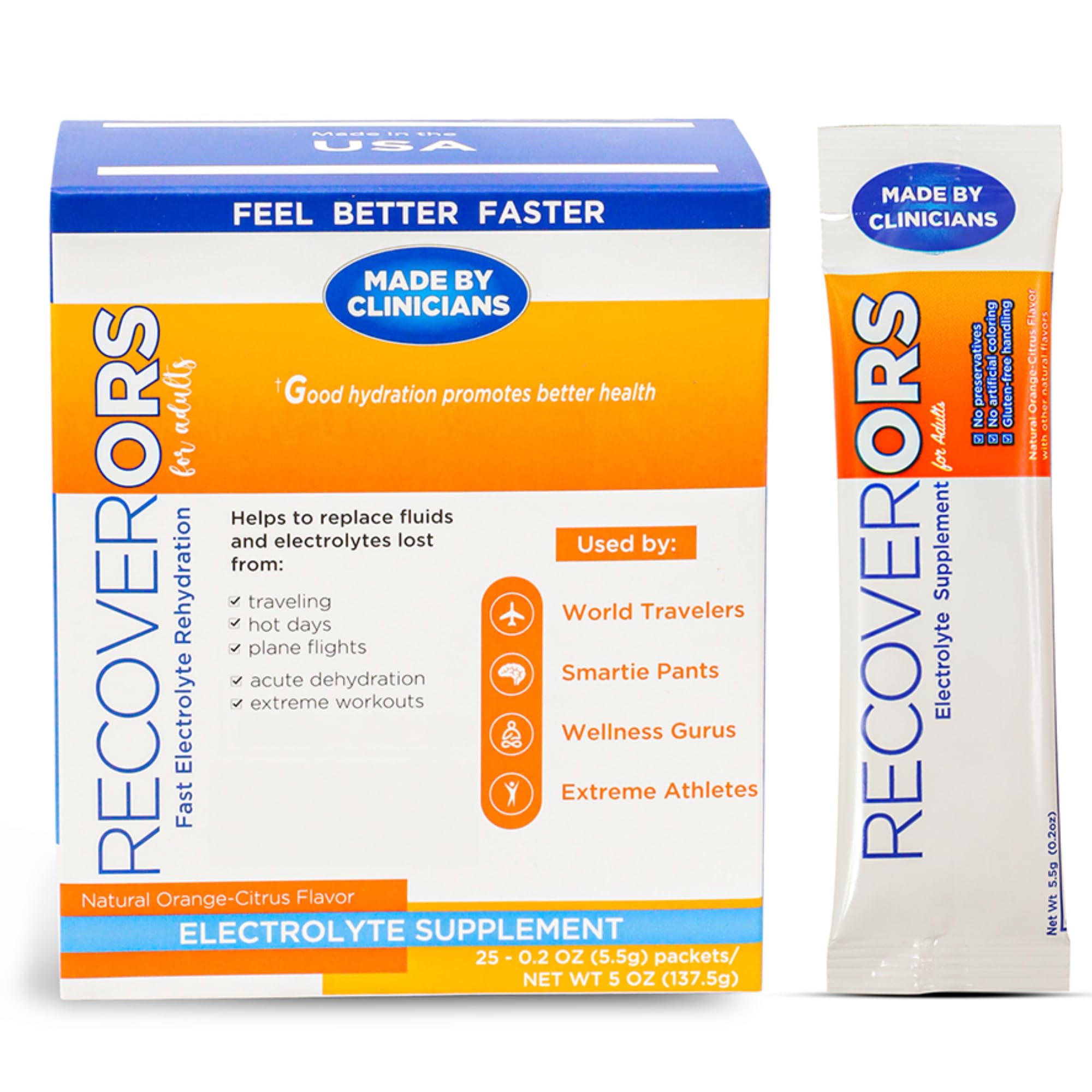 RecoverORS 8in1 electrolyte packets for on-the-go hydration and balanced electrolytes.