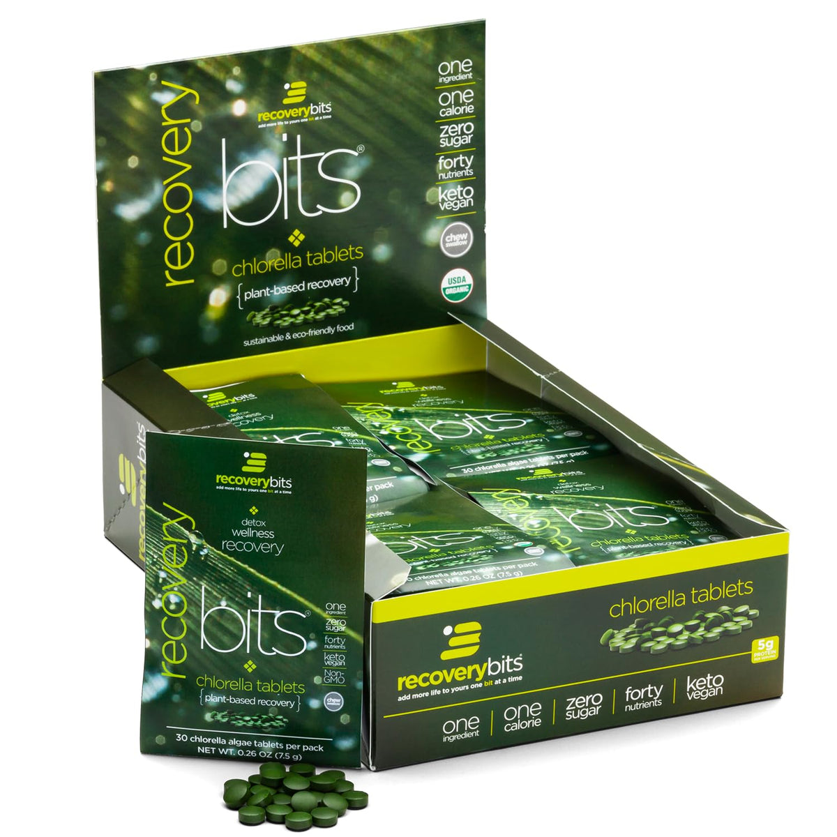RECOVERYbits Organic Chlorella tablets in packaging
