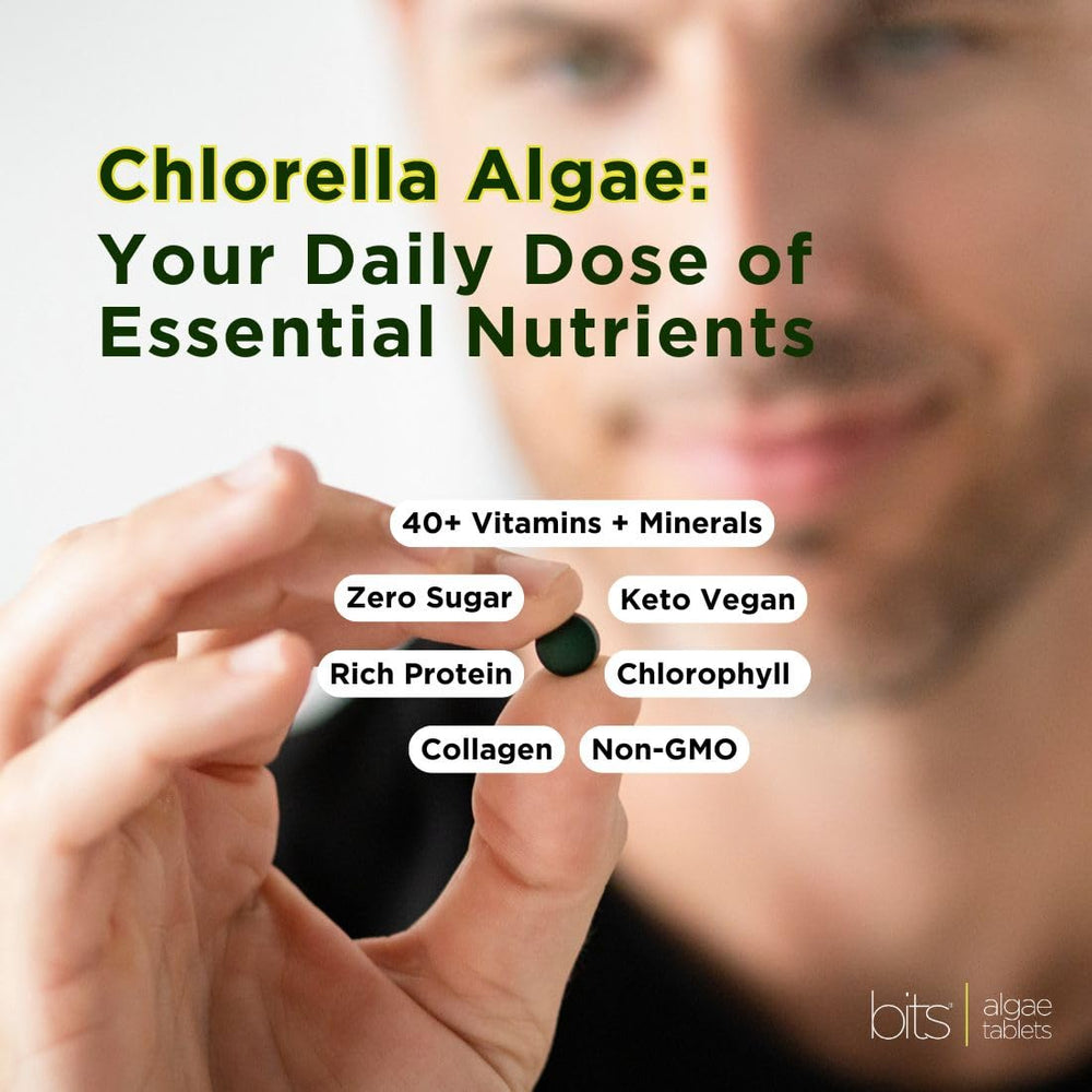 Green chlorella tablets arranged on a white background