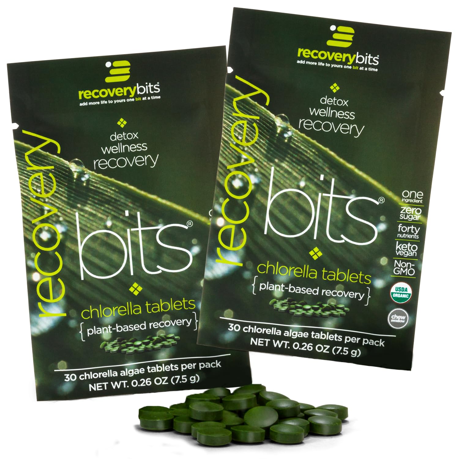 Bottle front view of RECOVERYbits Organic Chlorella Tablets