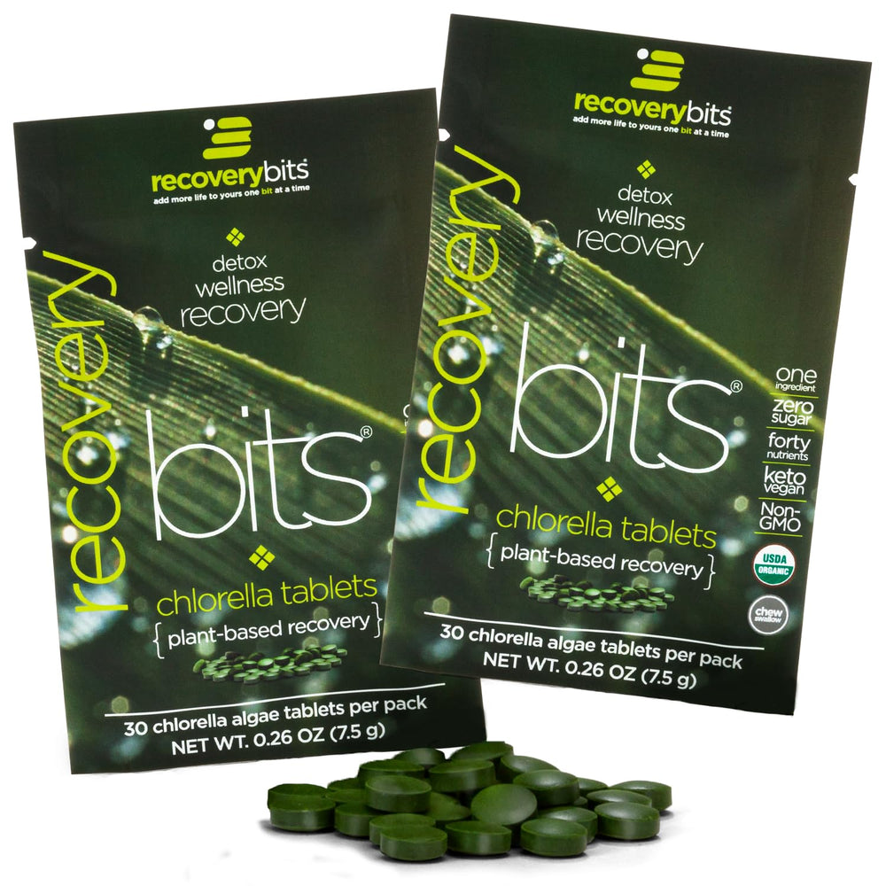 Bottle front view of RECOVERYbits Organic Chlorella Tablets