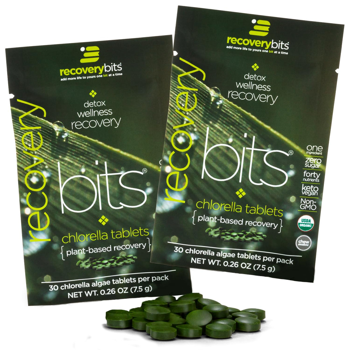 Bottle front view of RECOVERYbits Organic Chlorella Tablets